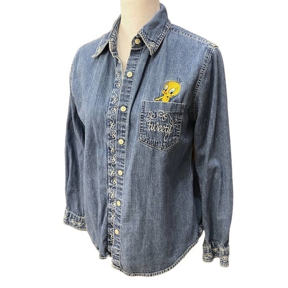 Warner bros looney tunes tweety bird denim y2k pocket button down shirt small - Picture 2 of 11